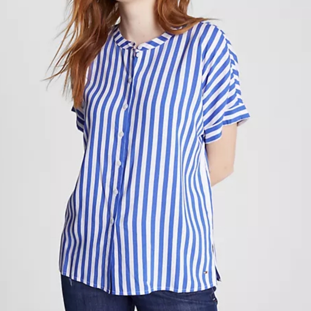 Tommy Hilfiger Blue and White Vertical Stripe Button-Up Blouse